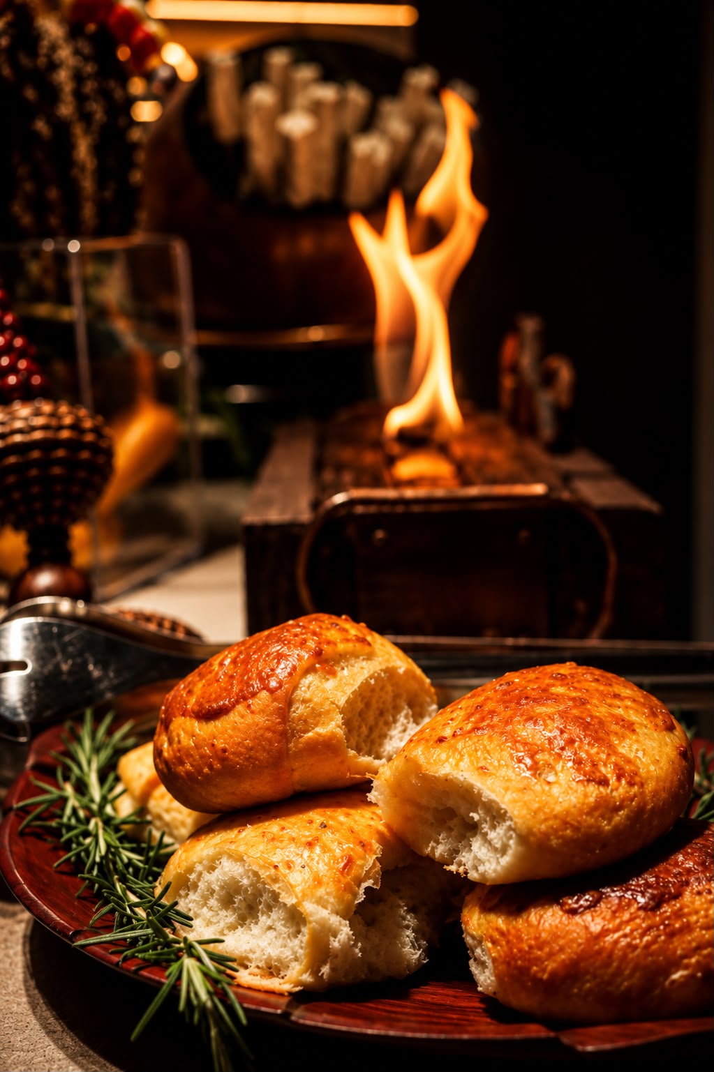 Pães artesanais quentes servidos ao fogo