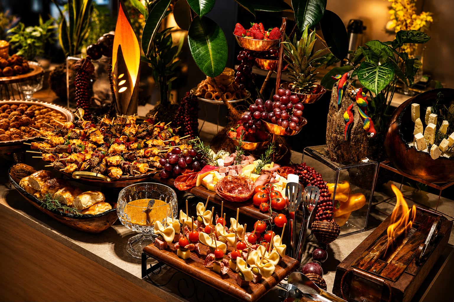 Mesa temática tropical com espetinhos, frios e frutas